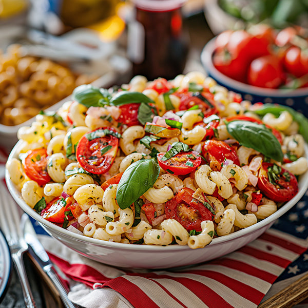 Red White and Basil Caprese Macaroni Salad