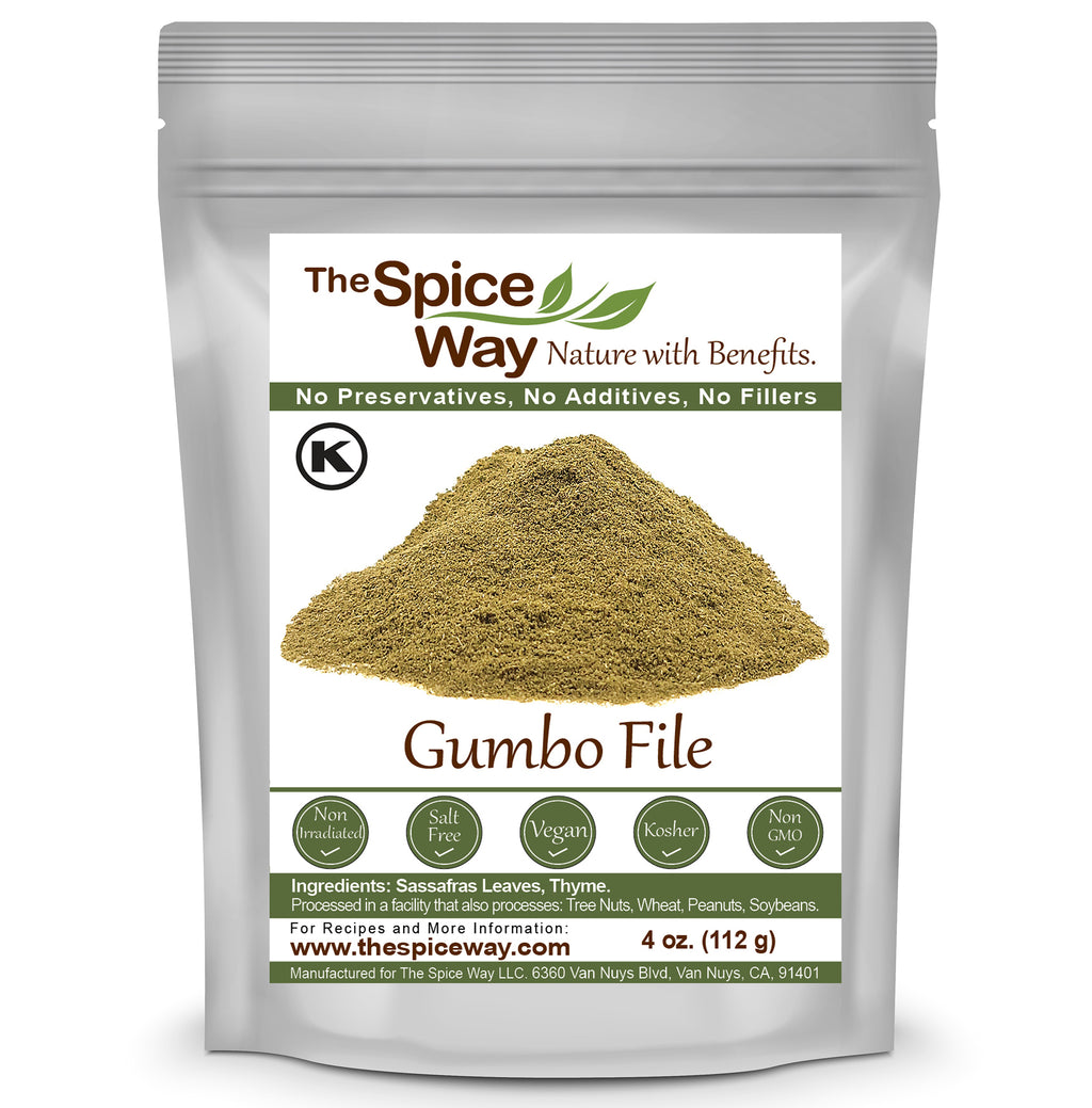 SPICES VILLAGE Gumbo File [ 4 oz ] - Gumbo File Seasoning, Ground Sassafras  Tree Leaves, Filé Powder - Kosher, Gluten Free, Non GMO, Resealable Bulk