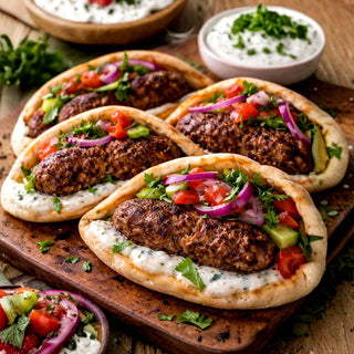 Beef Kofta Pitas with Mint Yogurt and Onion Salad