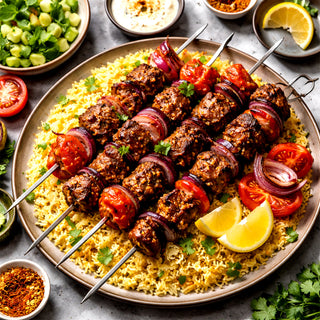 Boti-Style Yogurt-Marinated Lamb Skewers with Saffron Rice
