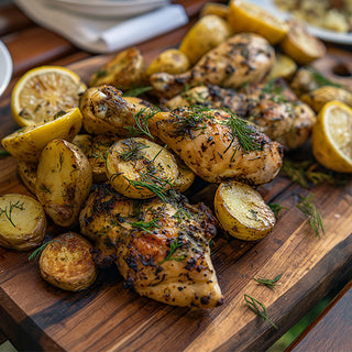 Dill Seed Marinated Chicken with Lemon Herb Potatoes