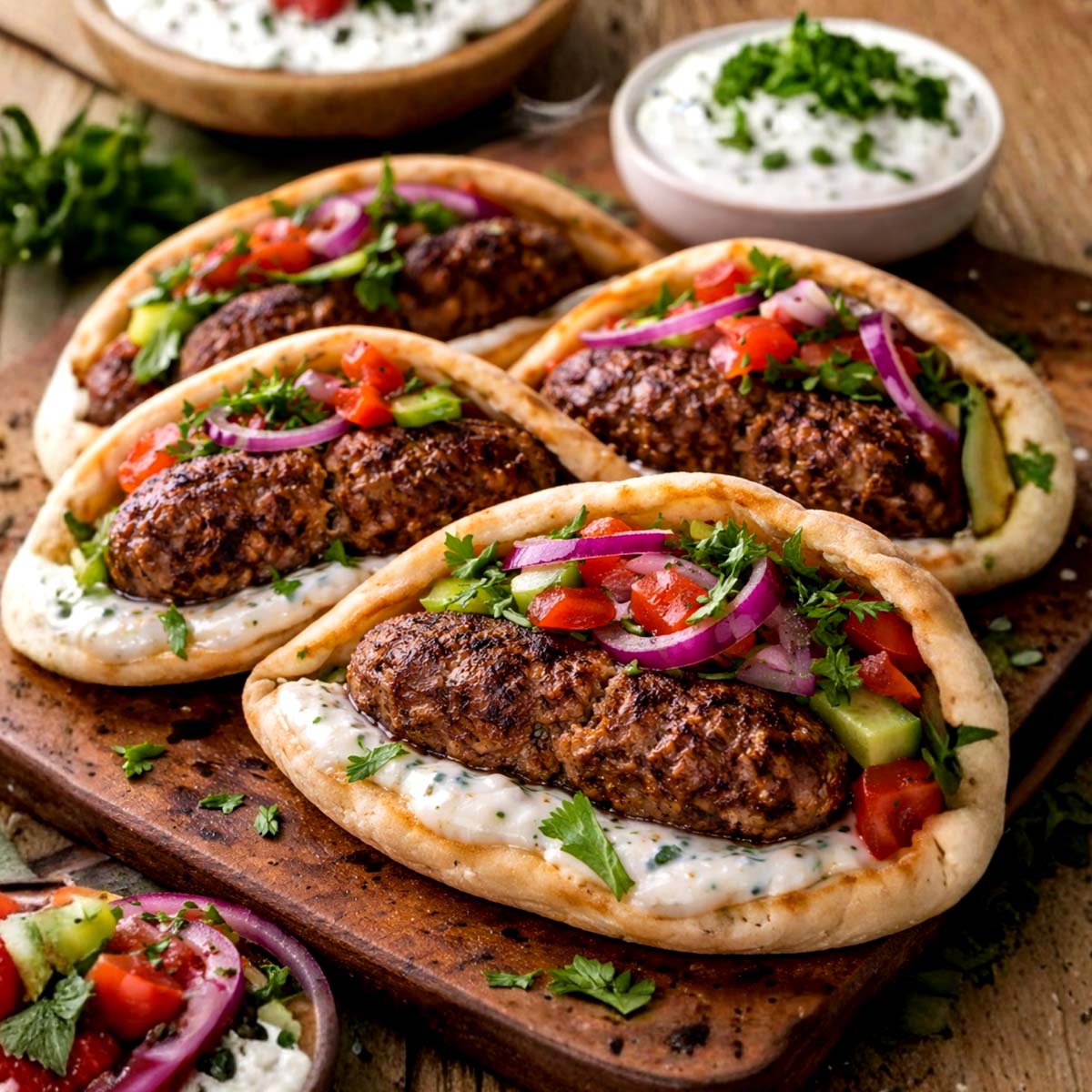 Beef Kofta Pitas with Mint Yogurt and Onion Salad