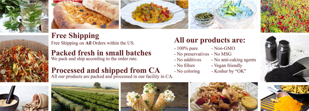 Free shipping on all orders, processed in CA, no preservatives, no additives, kosher by ok