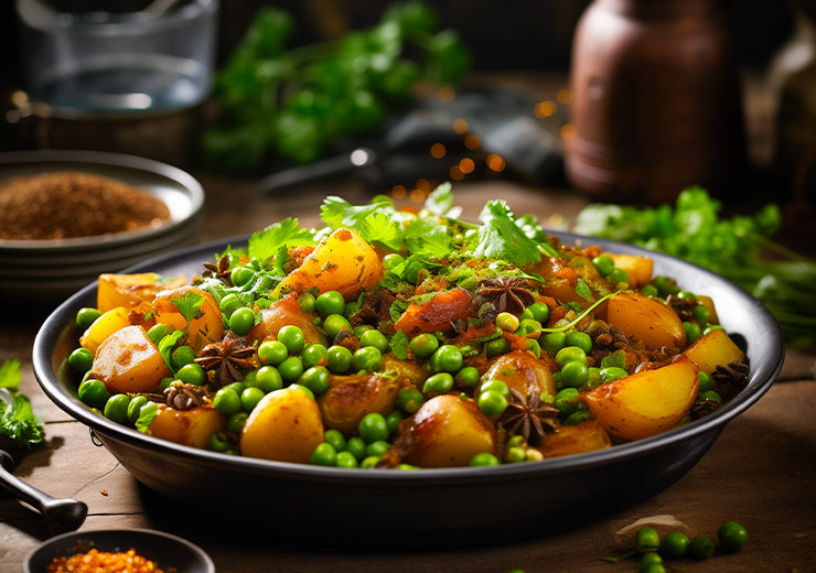 A DISH OF POTATOES AND PEAS WITH A MIXTURE OF SPICES